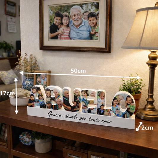 Palabra ABUELO decorativa con fotos sobre mueble de salón, medidas 50cm de ancho, 17cm de alto y 2cm de grosor, con dedicatoria Gracias abuelo por tanto amor