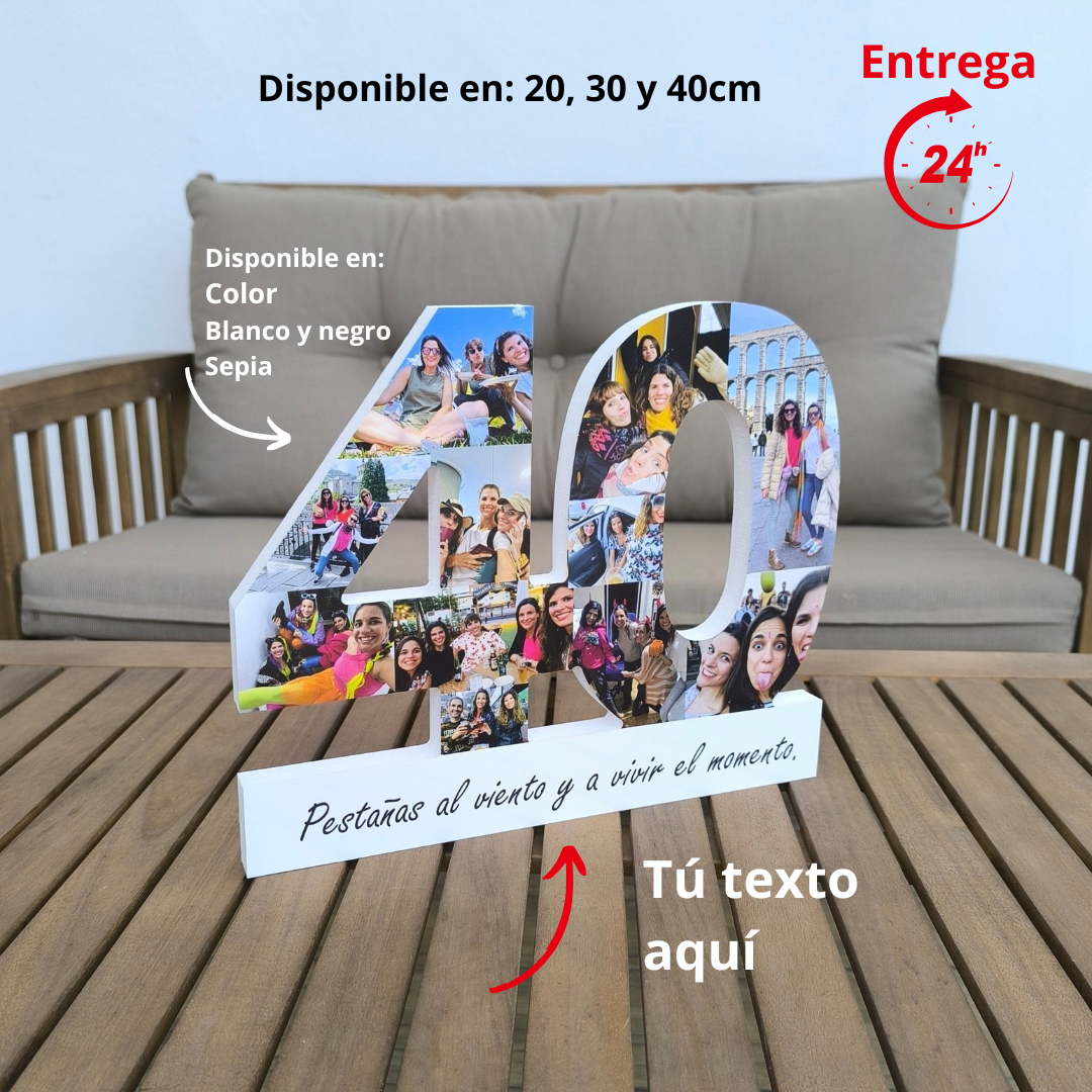 Número 40 con fotografías y base con dedicatoria - Picletters