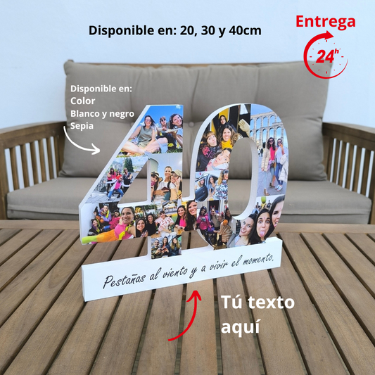 Número 40 con fotografías y base con dedicatoria - Picletters