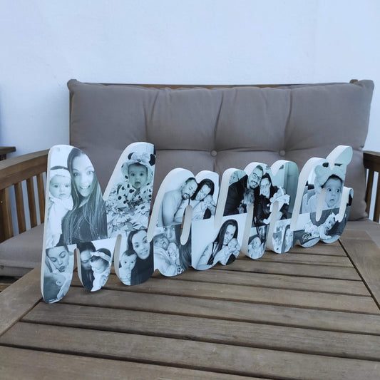Letrero Mamá con fotos en minúsculas sobre mueble - Picletters