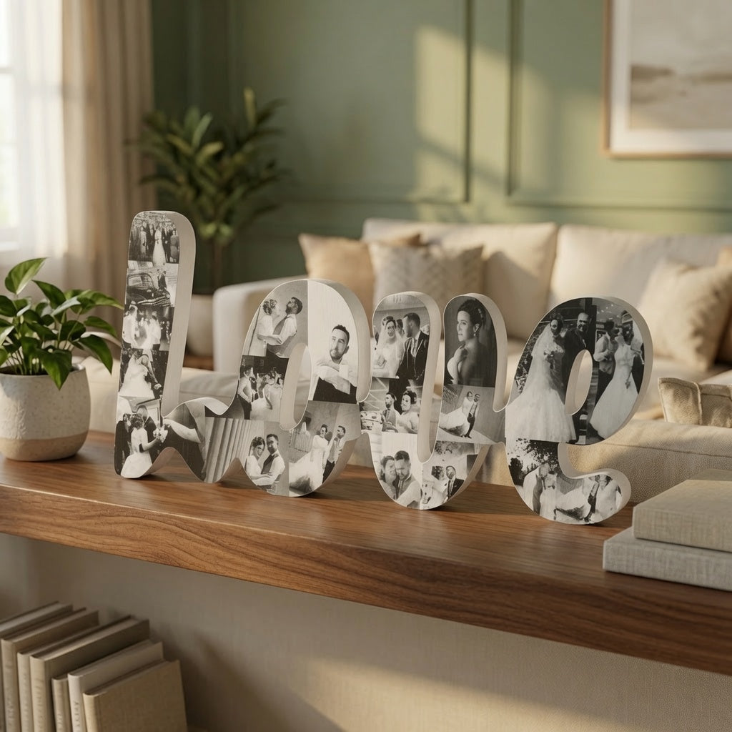 Letras "Love" personalizadas con fotos de boda en blanco y negro, sobre estantería de salón