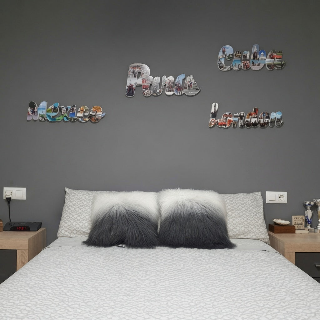 Nombres de destinos de viaje personalizados con fotos (México, Punta Cana, Caribe, Londres) decorando pared de dormitorio