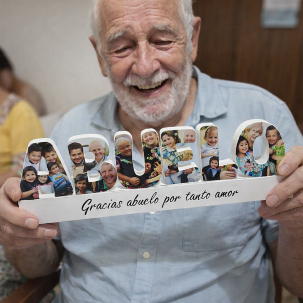 Abuelo sonriente sosteniendo la palabra ABUELO en 3D personalizada con fotos de sus nietos y dedicatoria Gracias abuelo por tanto amor