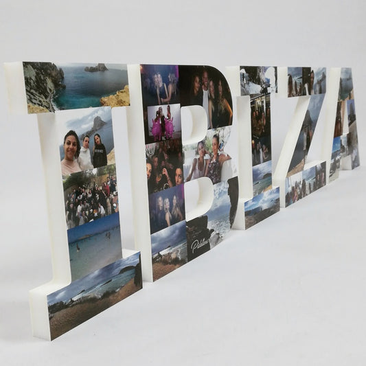 Destino de viaje con letras sueltas decoradas con fotos - Picletters