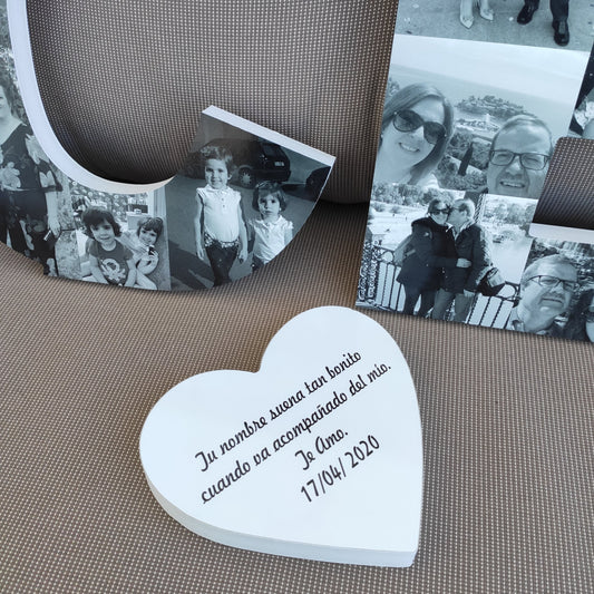 Dos iniciales con corazón, fotos y dedicatoria - Picletters