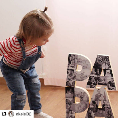 Detalle de una letra del letrero PAPÁ con fotografías - Picletters