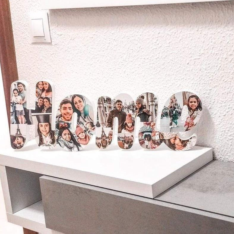 Letrero Home con fotos sobre mueble del salón - Picletters