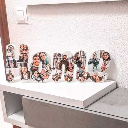 Letrero Home con fotos sobre mueble del salón - Picletters