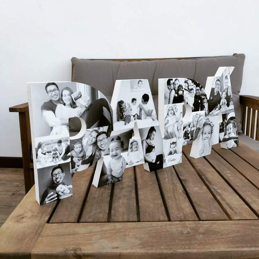 Letras "PAPÁ" en mayúscula personalizadas con fotos en blanco y negro
